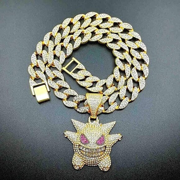 GENGAR Pokemon Link Chain 18K Gold Plated Jewelry Thick Cuban Necklace Men NWT - Picture 1 of 5